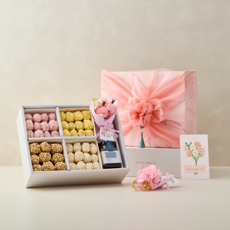사임당에프앤비,강릉은정한과 카네이션 2호 한과+조청 선물세트 전통유과 부모님 어버이날 스승의날 선생님 명절선물 상견례선물