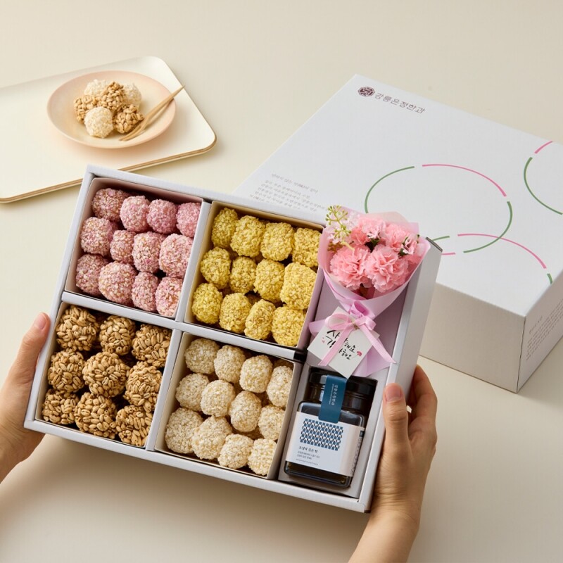 사임당에프앤비,강릉은정한과 카네이션 2호 한과+조청 선물세트 전통유과 부모님 어버이날 스승의날 선생님 명절선물 상견례선물