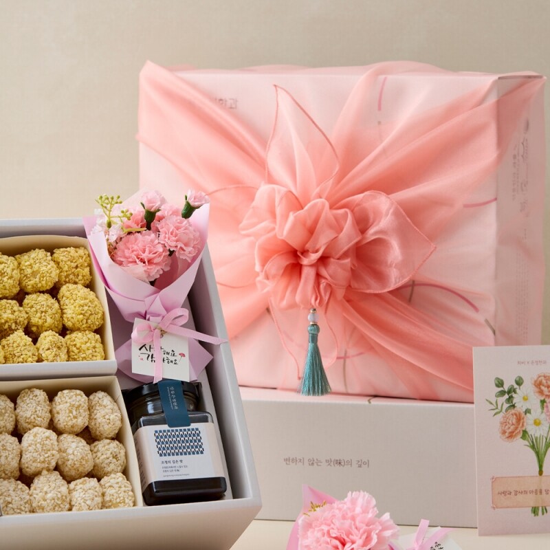 사임당에프앤비,강릉은정한과 카네이션 2호 한과+조청 선물세트 전통유과 부모님 어버이날 스승의날 선생님 명절선물 상견례선물